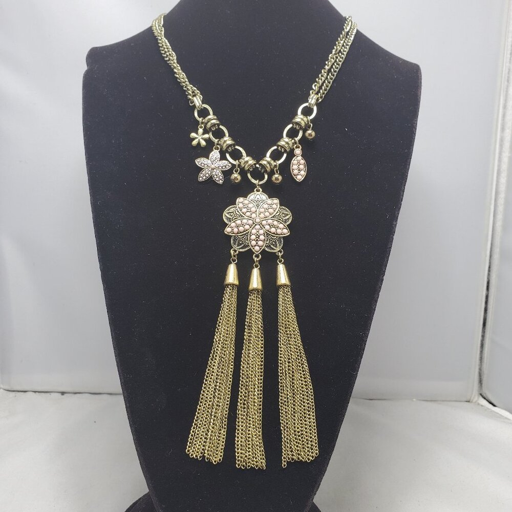 Vetta multi layer antique gold chain with floral charms and tassels